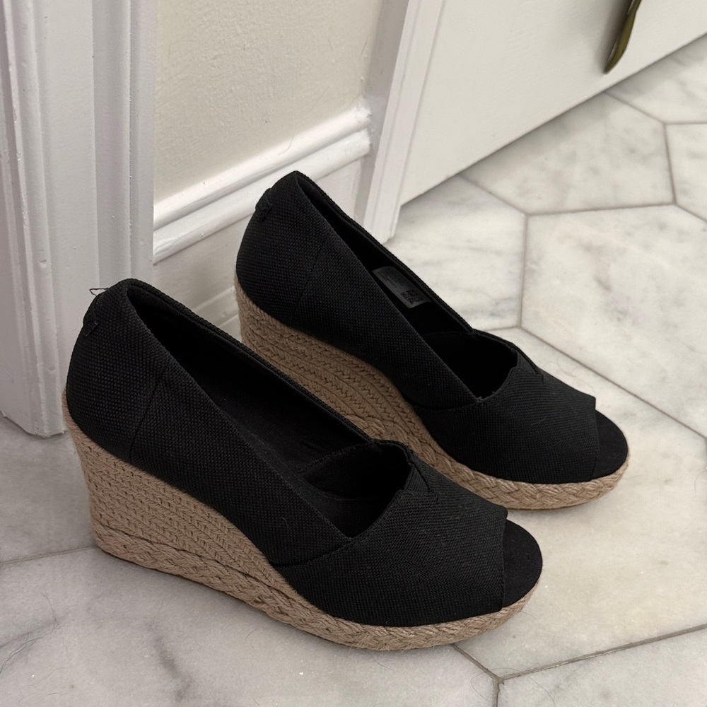Toms Black Peep-Toe Wedge Espadrilles